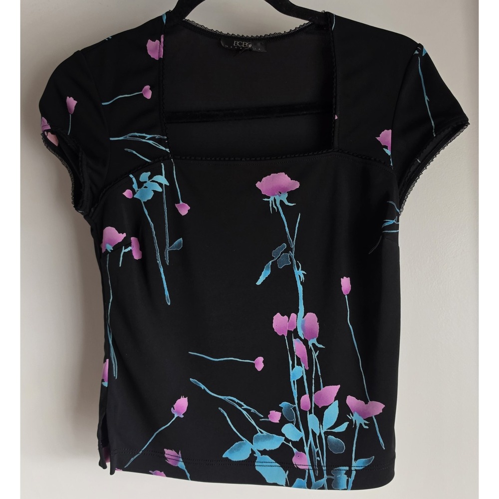 BCBG Max Azria T-Shirt Size S Floral Square Neck Short Sleeve Black Pink Blue
